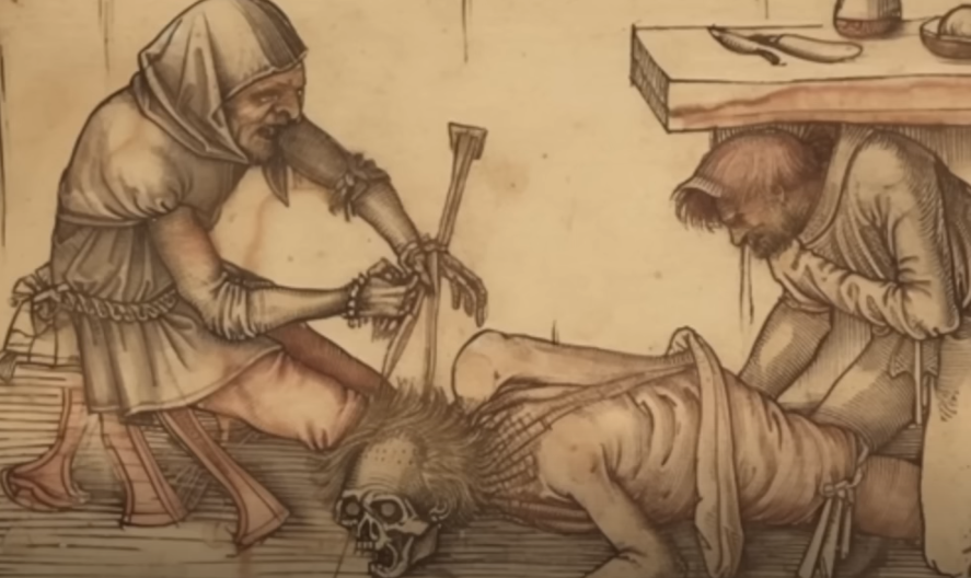 Humans in old clothing bow over a skeleton on the floor