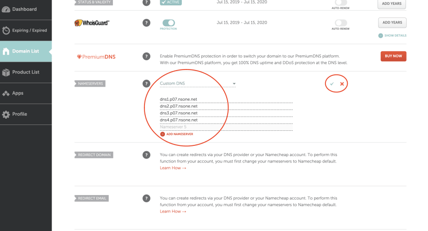 Setting "Custom DNS" on the namecheap domain settings and pasting four DNS server domains in there